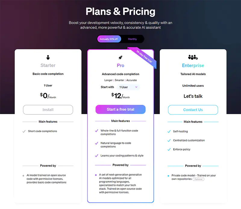 TabNine Pricing Table