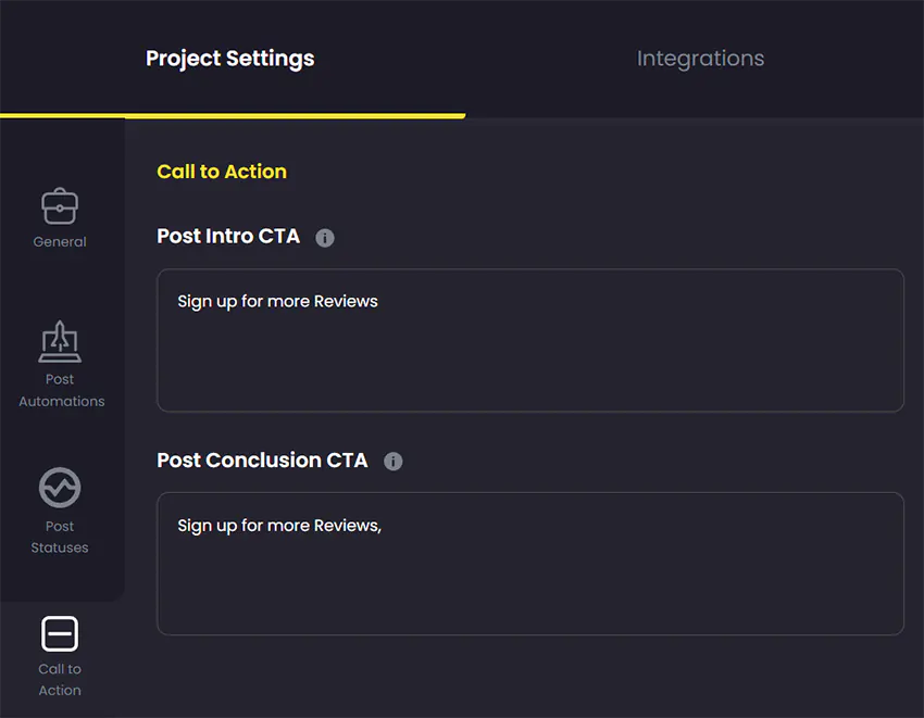 Project Settings - Call to Actions