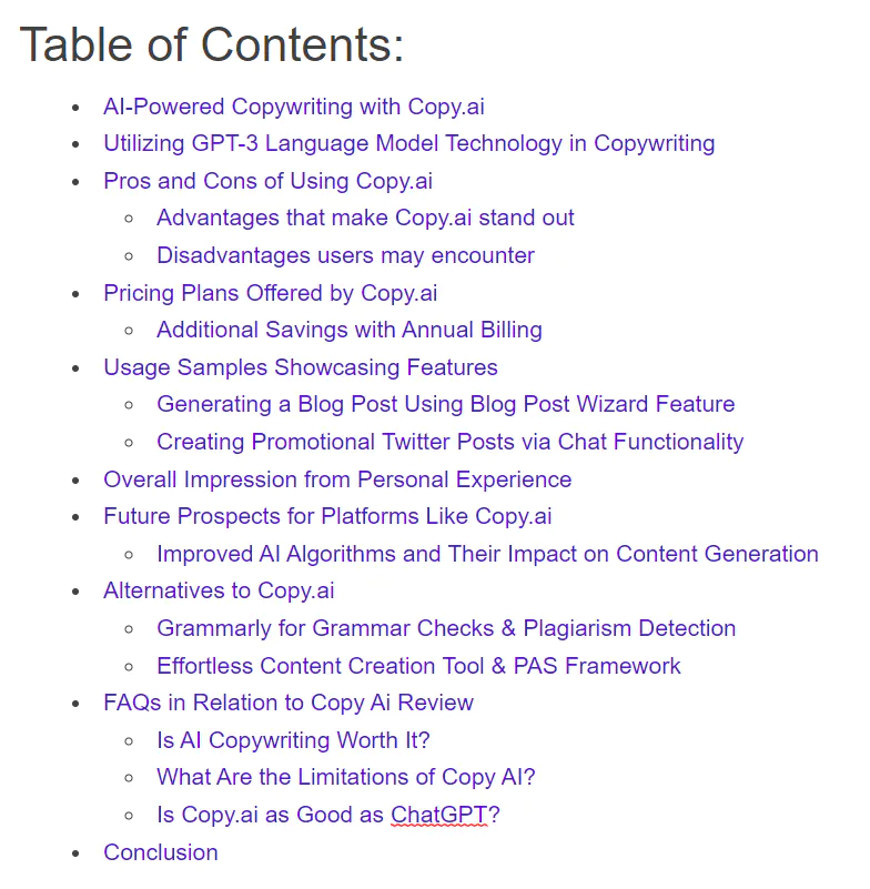 Generated Table of Contents