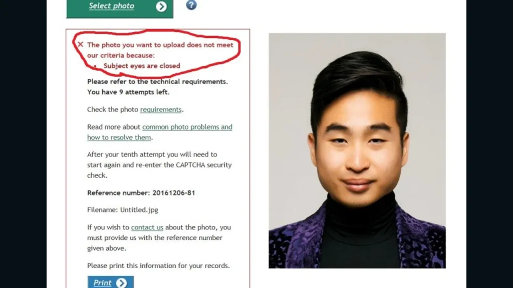 Passport Robot rejecting photo of Asian man as the ai believes the mans eyes are closed